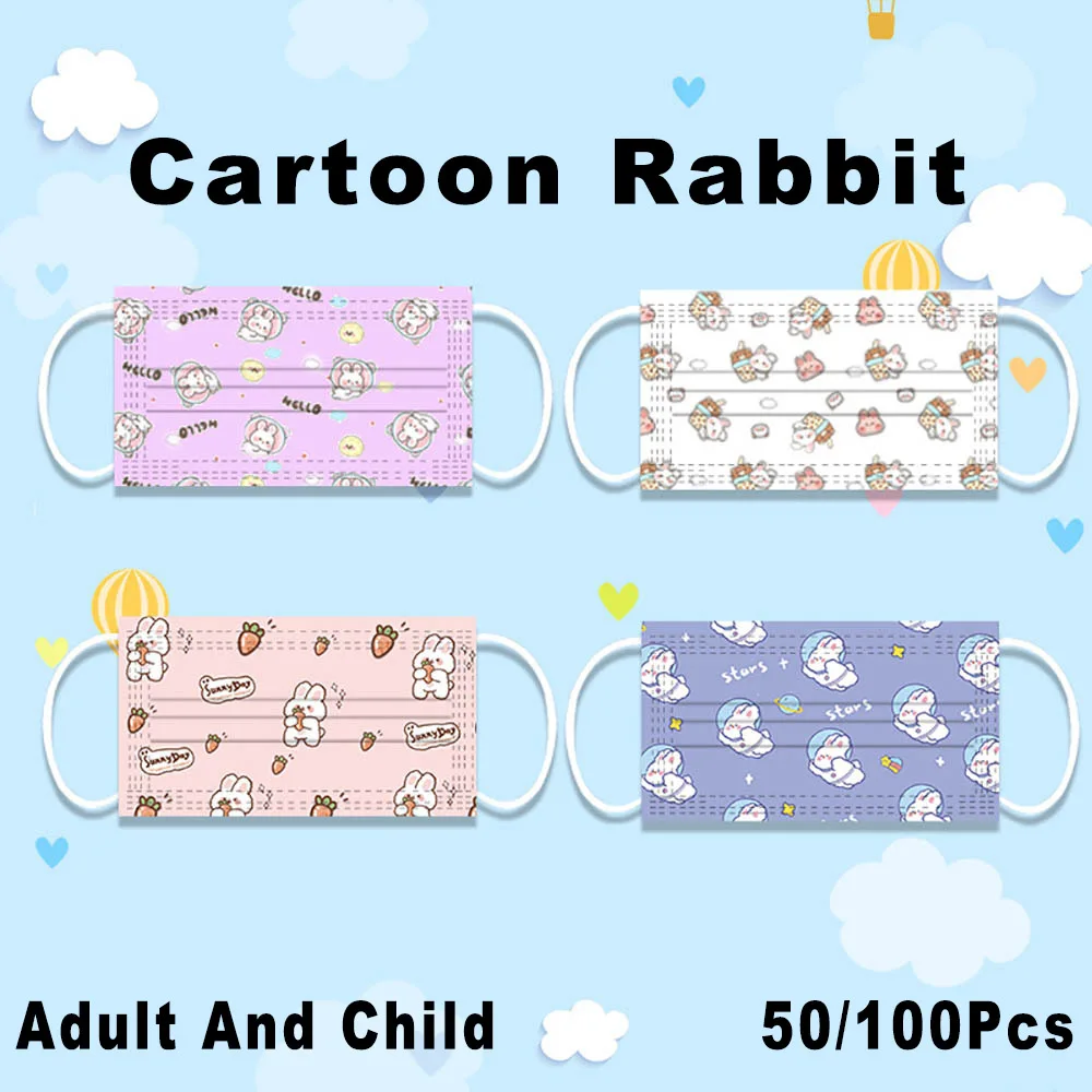 

50/100/150/200Pcs Disposable Child Mask Fashion Adult Cute Cartoon Rabbit Print Anime Face Mask 3Layer Filter Protective Mascara