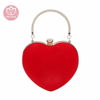 

Chi Belle Evening Bags Heart Shaped Diamonds Red/Black Chain Shoulder Purse Day Clutch Bags For Wedding Party Banquet Bag
