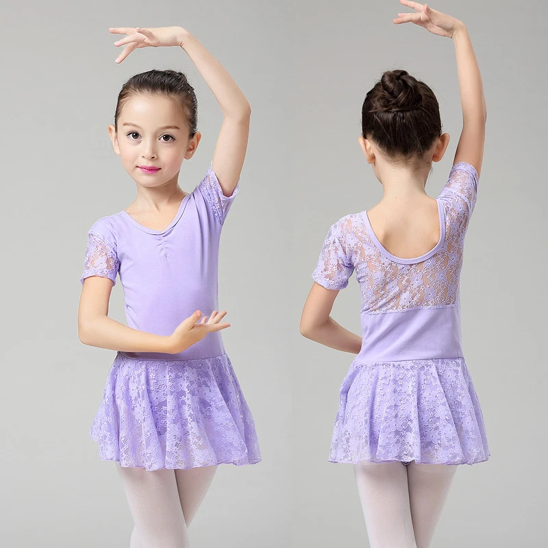purple Одежда для танцев для маленьких детей Женская хлопковая одежда для упражнений кружевной комбинезон с короткими рукавами плиссированные колготки балетные юбки - Цвет: purple