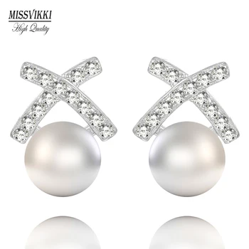 

missvikki 925 Sterling Silver Cute Delicate X Shape Luxury Pearls Stud Earrings Jewelry for Women Bridal Wedding Girl Daily Wear