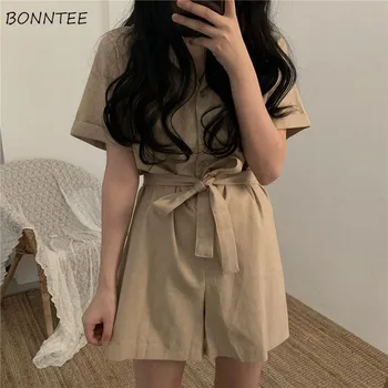

Rompers Women Solid High Waist Drawstring Slim Casual Short Sleeve Turn-down Collar Retro Harajuku Elegant Pockets Trendy Womens