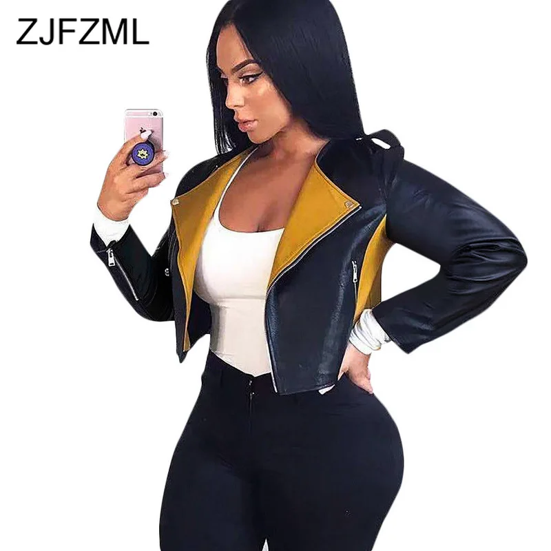 

PU Leather Hit Color Streetwear Skinny Short Parka Women Turn Down Collar Full Sleeve Coat Sexy Zipper Patchwork Slim Fit Jacket