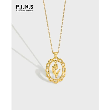

F.I.N.S Korea Style Fashion Temperament Hollowed Tulip Flower Pendant 925 Sterling Silver Necklace Stackable Silver Fine Jewelry
