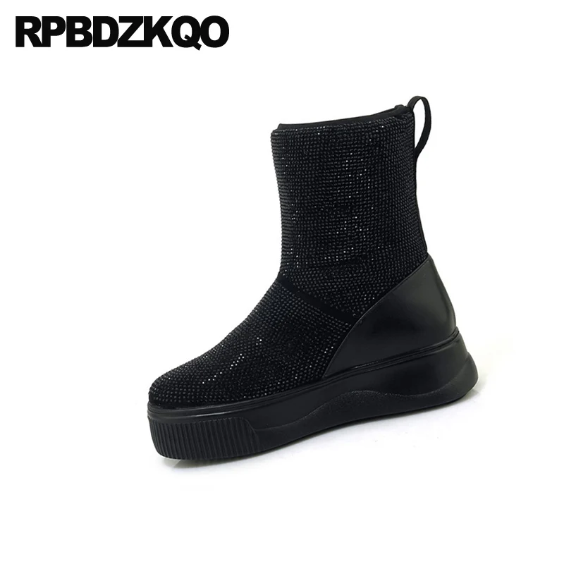 flatform sparkly winter snow boots women ankle black muffin creepers shoes plush platform rhinestone bling handmade diamond