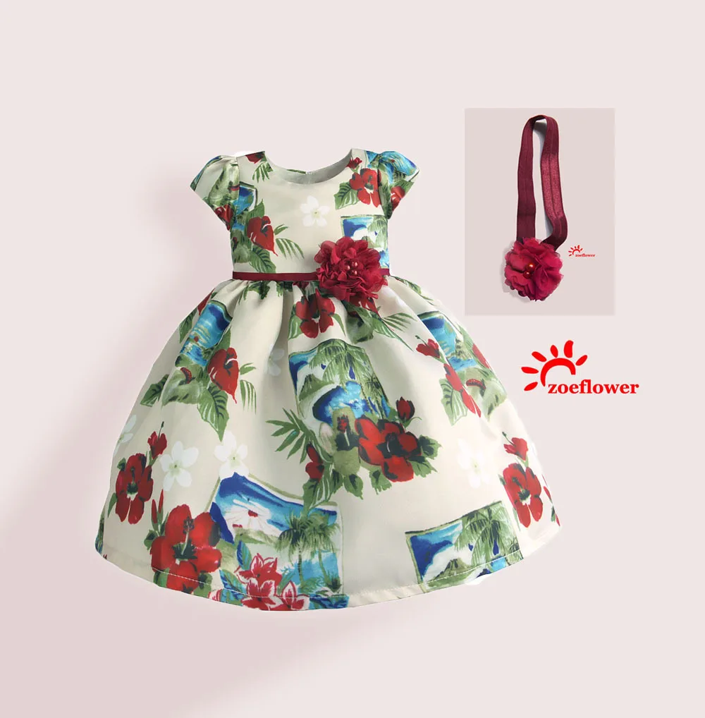 Zoeflower/Летний Стиль; платье с короткими рукавами и хлопковой подкладкой для девочек с принтом розы; повязка для волос