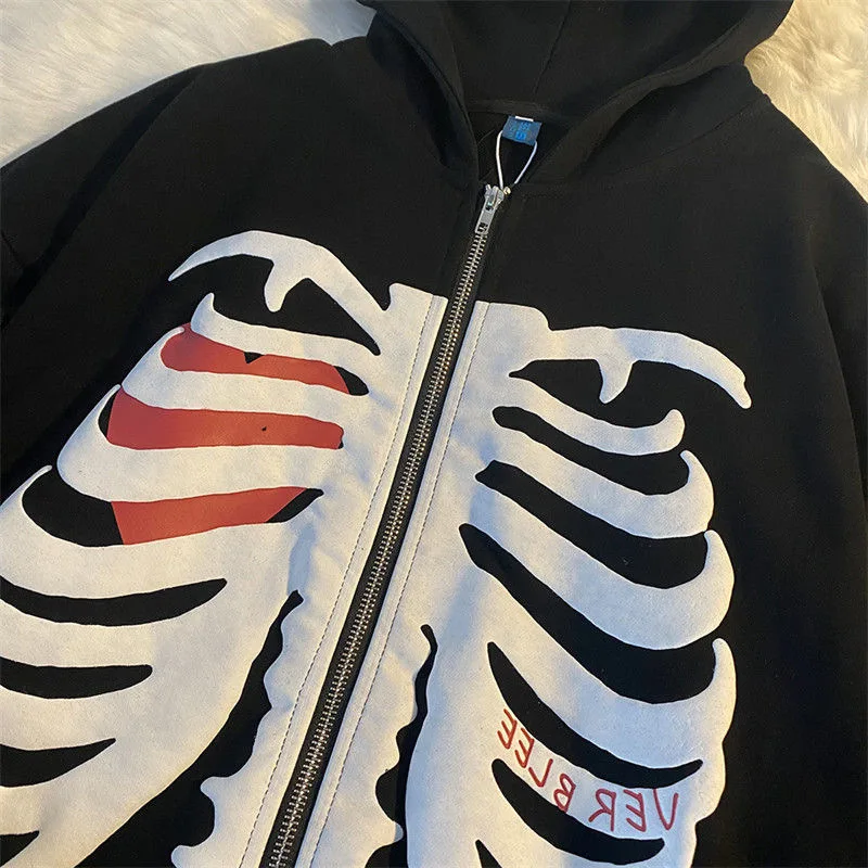 Clothes Skeleton Printing Hoodie Anime Men Women Long-sleeve Zipper Hoodie Jacket Loose Streetwear Kpop Clothes Oversized
