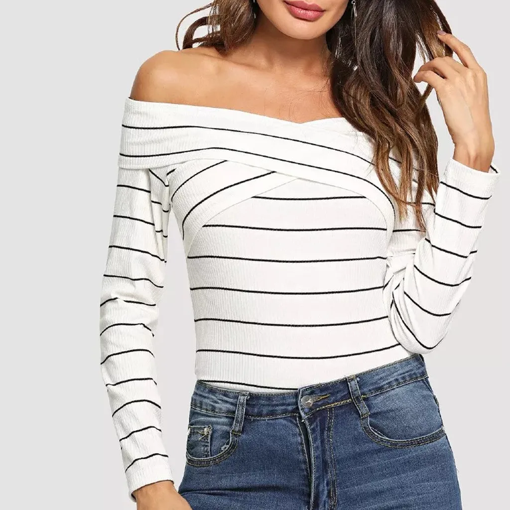 Fashion Off Shoulder Striped Blouse Casual Winter Ladies Sexy Tunic Bottom Tops Female Women Long Sleeve Shirt Blusas Pullover | Женская