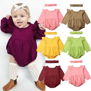 

0-18 Months Newborn Baby Girl Bodysuits Solid Pink Yellow Green Long Sleeve Bodysuits For Girls Clothes Baby Girls Outfits