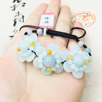 

Zheru Jewelry Pure Natural Jadeite Jade Handmade Three Sun Flower Bracelets Men and Women Bracelet Send Class A Certificate