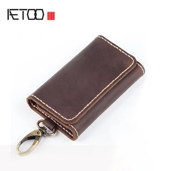 

AETOO Mad horse leather hand-stitched key bag, leather hand-made multi-function card bag, leather men's waist-mounted key bag