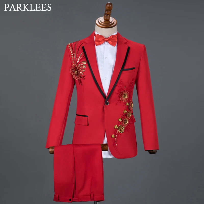 

Red Diamond Floral Men Suits for Wedding Mens Suits 3 Piece Blazer+Pant+Bow Tie Fashion Tuxedo Men Suit Set Stage Costume Homme
