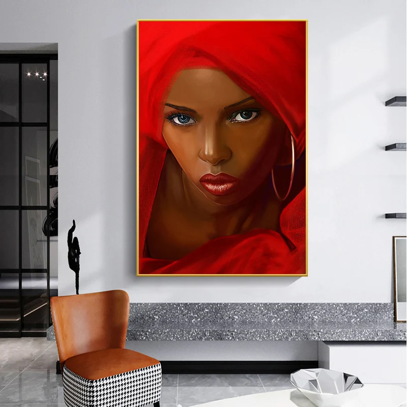 African Black Woman With Red Dress Oil Painting on Canvas Cuadros Posters and Prints Scandinavian Wall Art Picture Home Decor