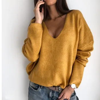 

Sweater Women Autumn Winter Casual Solid Color Long Sleeved V Collar Loose Bottom Sweet Sweater Women Feme