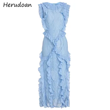 

Herudoan Fashion Designer Runway Summer Dress Women Short Sleeve Pleated Lace Embroidered Bohemia Blue Holiday Long Dress
