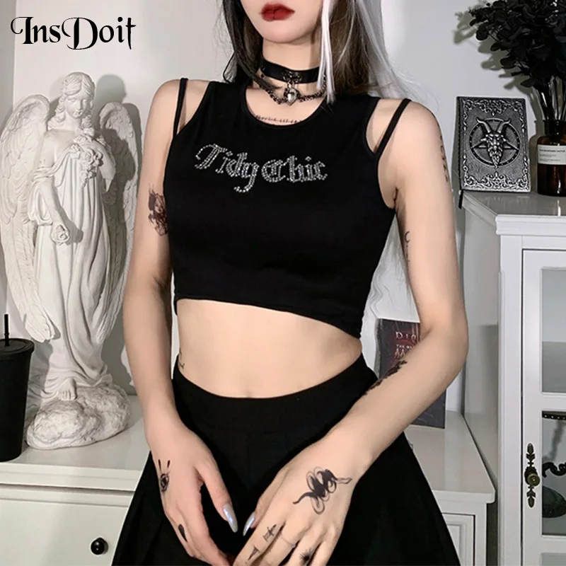 InsDoit Crop Tops negros góticos mujer, camisetas sin mangas sexys con letras de diamante, ropa de calle Punk Grunge, Camisetas sin mangas|Tank Tops| - AliExpress