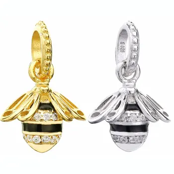 

New 925 Sterling Silver Bead Charm Black Enamel Gold Color Shine Queen Bee Necklace Pendant Fit Bracelet Diy Jewelry