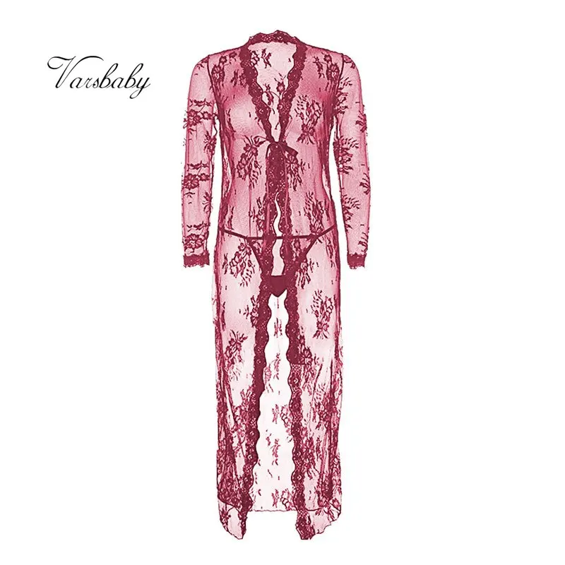 

Varsbaby sexy lace see-through nightgown 3 colors breathable robe set robe+G-strings 2 pc for ladies