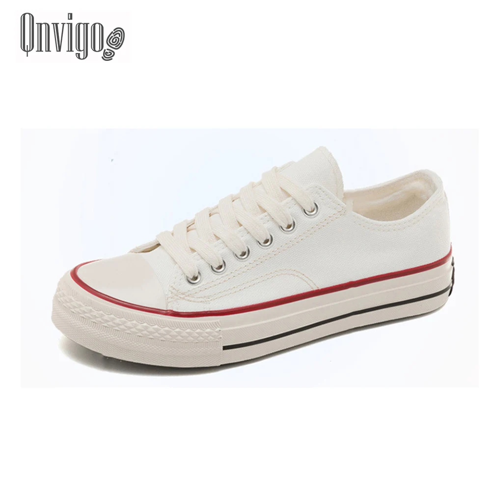 

Qnvigo Vulcanized Shoes Canvas Sewing Lace-up Adult Breathable Women Sneakers Solid Black Yellow Green White Red Sneakers 2020