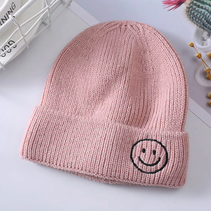 Dark pink Новое поступление, зимняя детская шапка для маленьких мальчиков и девочек, Мягкая Теплая Шапка-бини, эластичные вязаные шапки с вышивкой, Детская Повседневная теплая шапка - Цвет: Dark pink