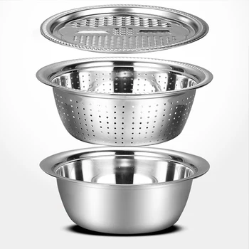 

3 in 1 Vegetable Slicer Cutter Stainless Steel Drain Basket Wash Basin Kitchen Gadget Sets Vegetables Fruits Cleaning Tools