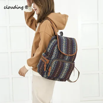 

Ethnic Style Backpack Simple Stripe Print Wide Shoulder Strap Bucket Backpack Travel Bag For Ladies