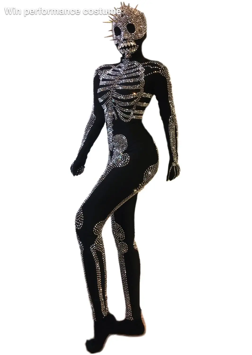 Halloween Outfit Bodysuit Singer Party Show Shining Wear Stage Rhinestone Costume Cosplay Adult Scary Skeleton Print