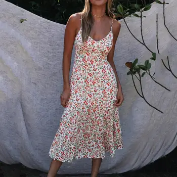 

Sling Print Long Dress For Women V-Neck Sleeveless Bow Hollow Out Ruffle Dress Sexy Beach Party Long Dresses Bandage Dresses #C3