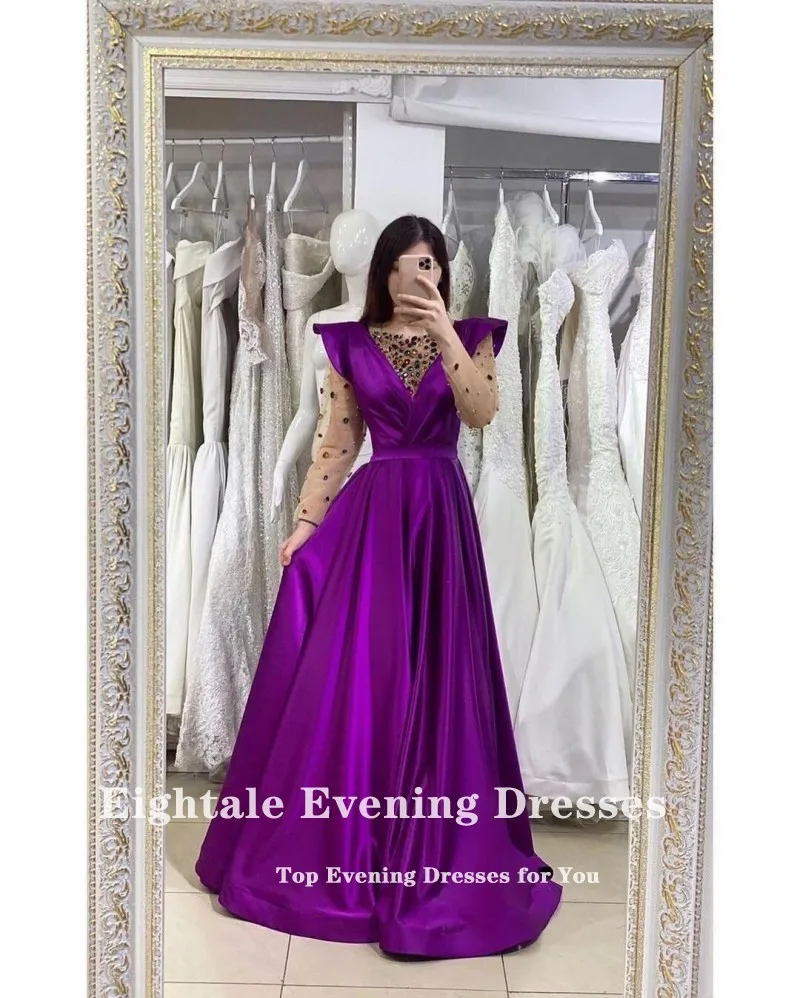 Eightale Arabic Evening Dresses Crystals A-Line Long Sleeves Satin Floor Length Side Split Long Celebrity Party Dress Prom Gown sexy evening gowns