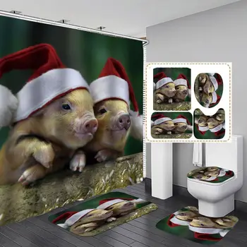 

Christmas 3D Digital Printing Shower Curtain 4 Pieces For Home / Hotel / Party Decoration 180 * 180cm ,toilet lid cover