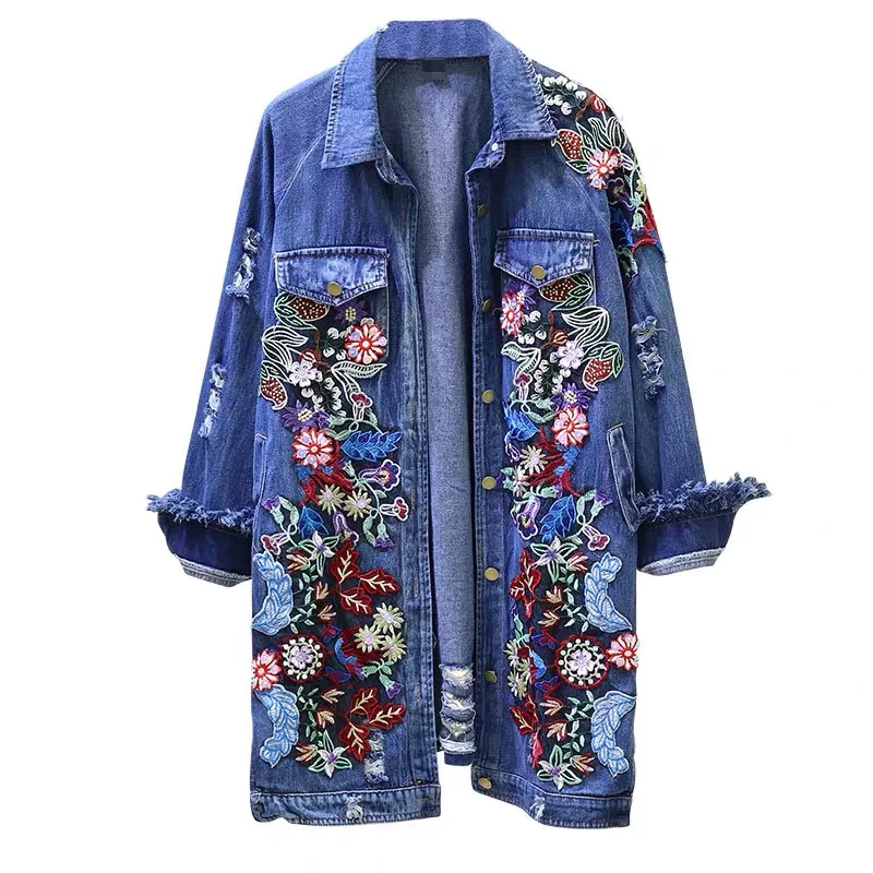 Floral Embroidery Denim Jacket Coats Women Spring Autumn Long Ripped Beading Tassel Jeans Jackets 2019 woman new street coats