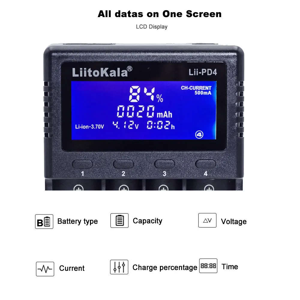 Liitokala, умное Универсальное зарядное устройство, 4 слота, ЖК-дисплей, Lii-pd4 для аккумуляторов NiMH NiCd Liion LiFePO4 IMR 18650