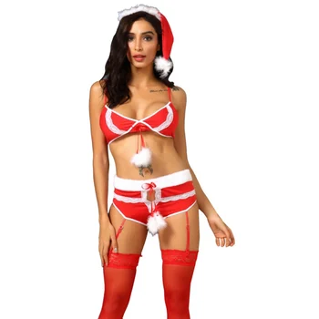 

Women's Christmas Fun Cosplay Sexy Temptation White Fluff Christmas Temptation Three-point Bodysuit Suit S-3XL