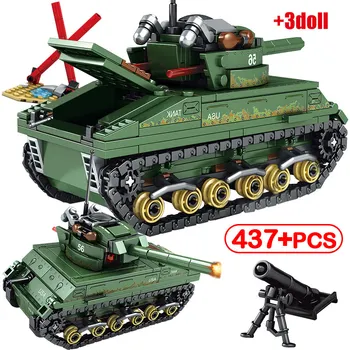 

437PCSUSA Sherman M4 Tank Building Blocks Technic WW2 Tank Military City Police Soldier Weapon Bricks Kids Toys Gift