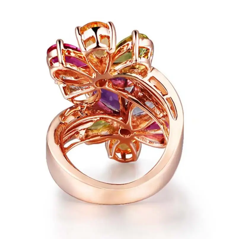 Women Luxury Jewelry Rose Gold Color Ring Multi-color Cubic Zirconia Crystal Flower Elegant Wedding