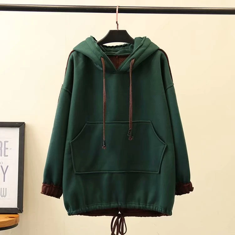 Размера плюс Для женщин XL-2XL утепленные Толстовки с капюшоном, изготовленные по лоскутной технологии, пуловер, повседневная верхняя одежда