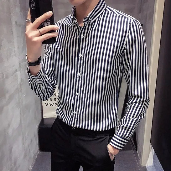 

Spring and Summer Striped Shirt Men's Korean-Style Black and White Lattices Shirt Slim Fit All-match Fashion