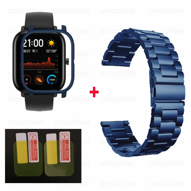 4в1/упаковка для Amazfit GTS ремешок с защитный чехол для экрана металлический браслет из нержавеющей стали для Huami Amazfit gts Smart Watch Band - Цвет: blue-deep blue