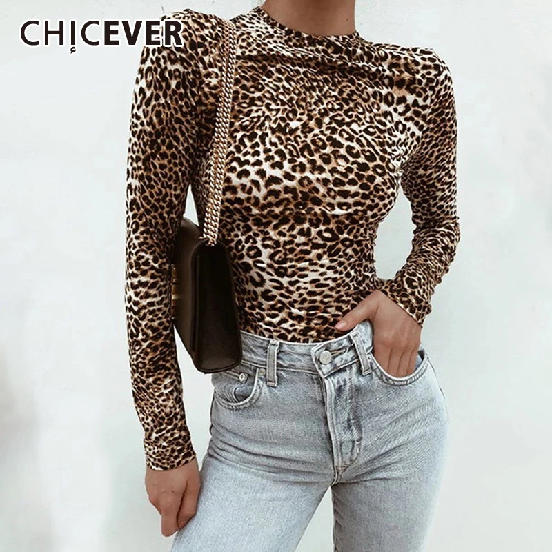 CHICEVER сексуальные леопардовые женские боди с круглым вырезом с длинным рукавом с высокой талией тонкий плюс размер женский боди модная новая одежда
