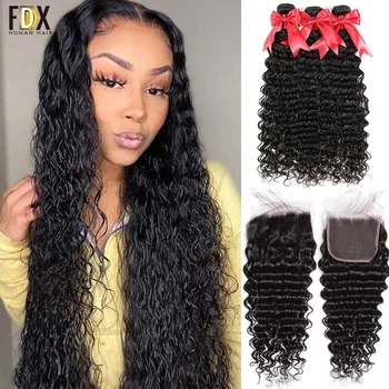 

FDX Deep Wave Bundles With Closure Brazilian Hair Weave Bundles 28 30 32 34Inch Remy Human Hair Bundles 6x6 Closure With Bundles
