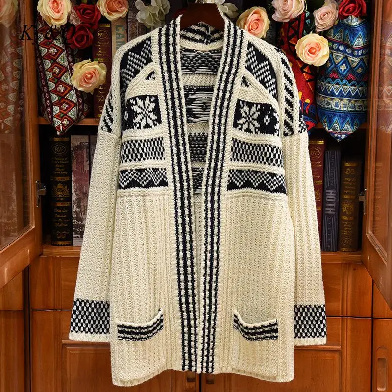 Бренд дизайнер Винтаж Снежинка полосатый вязаный цветок длинный кардиган, свитер женское пальто с v-образным вырезом одежда с длинными рукавами