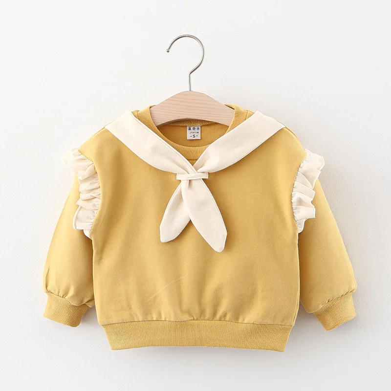Girls Lace Fashion Sweatshirts Spring Winter Long Sleeve Cotton Outfits Baby Kid Child Sailor Collar Solid Pink Princess Clothes
