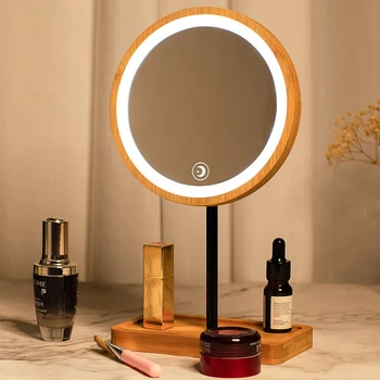 

Wooden Makeup Mirror USB 3 Gears LED Makeup Mirror Table Vanity Mirror For Dormitory Makeup Shop With Storage Tray