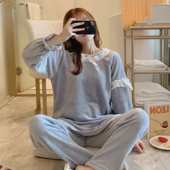 

autumn winter Christmas Pajamas Set for Women Warm Flannel Sleepwear Thicken solid lace Coral Fleece Women Elastic Party Pajamas
