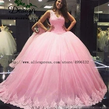 Винтажное розовое фатиновое бальное платье из органзы с v-образным вырезом и аппликацией, кружевные пышные платья Vestidos De 15 Anos, милые платья 16
