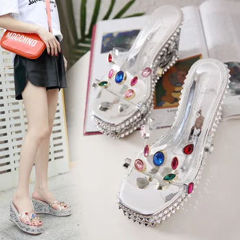 

High heels high-heeled waterproof sequin sandals summer thick bottom transparent rhinestone anti-skid women's shoes