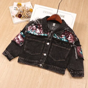 

Toddler Girl Spring Clothes Long Sleeve Grey Color Jeans Jacket with Sequins Fashion Coats for Baby Kids Outerwears