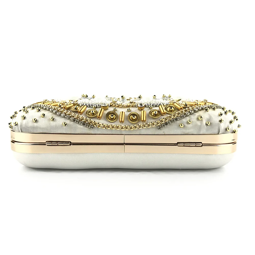 Luxy Moon Bead Embroidered Gold Satin Clutch Bag Bottom View