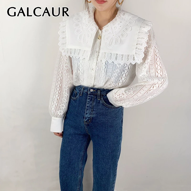 GALCAUR корейский стиль, лоскутные кружевные рубашки для женщин, воротник с лацканами, рукав-фонарик, большие размеры, женские блузки, Осенняя мода