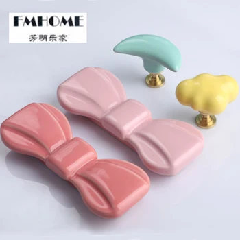 

Creative cartoon ceramic kids knob yellow green white blue Color bow Cloud moon drawer shoe cabinet bathroom cupboard handle 96
