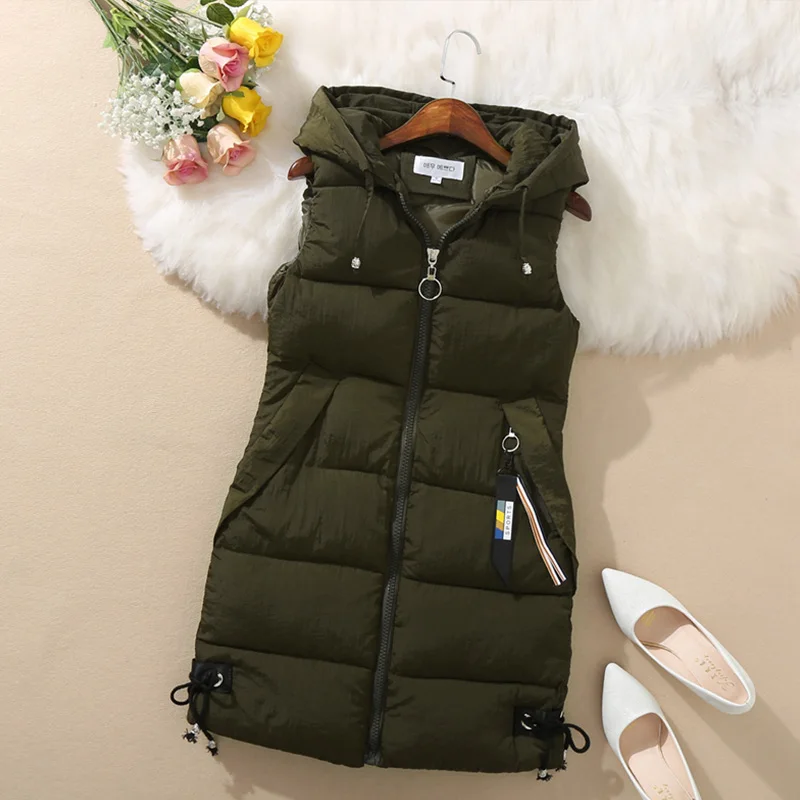 army green Женская безрукавка с капюшоном утепленная куртка хлопковые Дутые жилеты женские Осень Зима Плюс Размер 3XL Карманный жилет - Цвет: army green